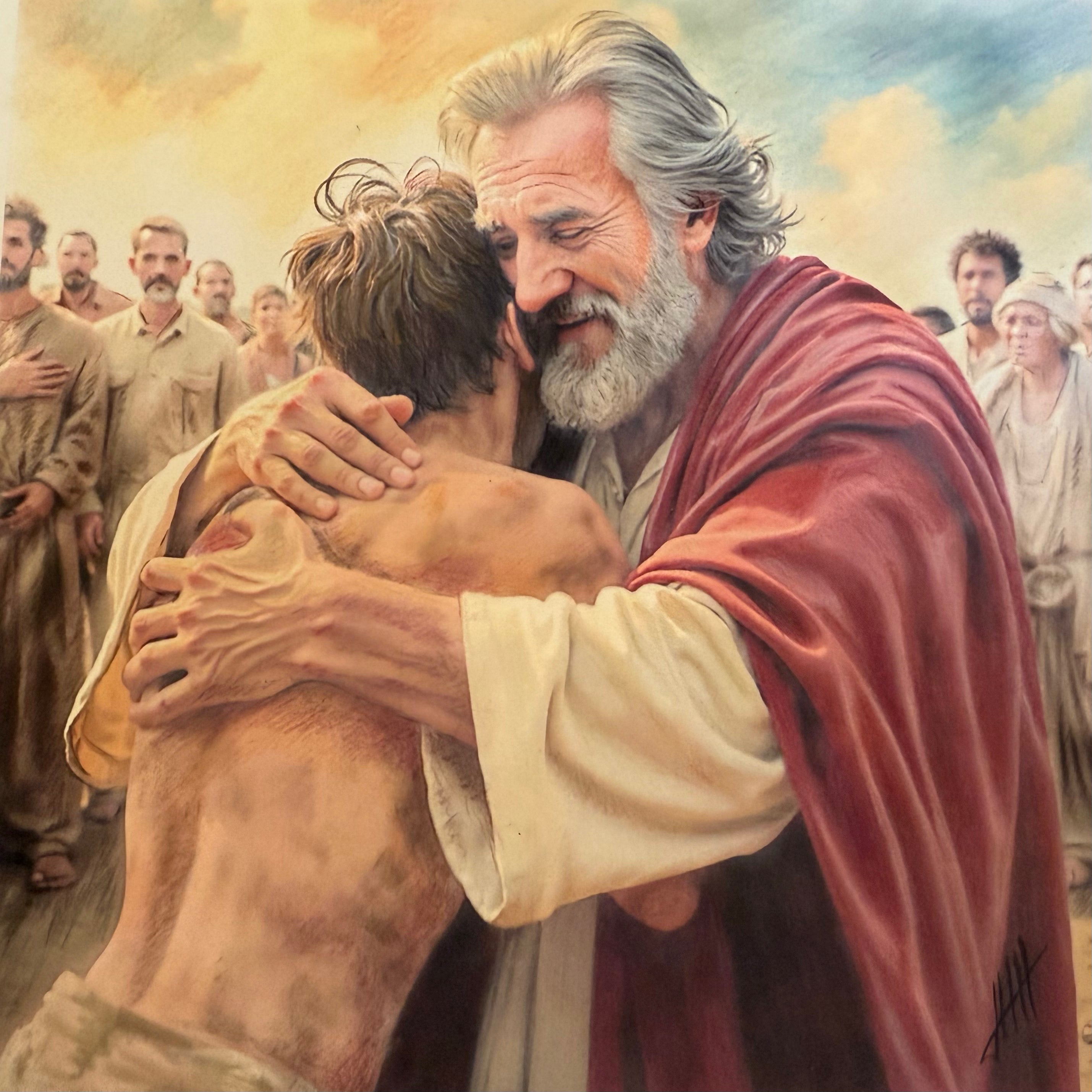 Artistic depiction of a father embracing his son with a crowd in the background